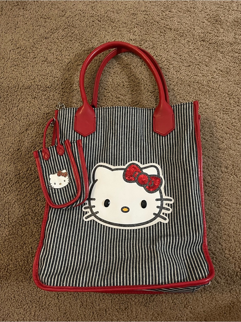 Sanrio Hello Kitty Black & White Stripe Tote with Red Trim